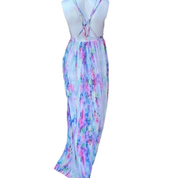 L'Atiste Pink Blue Tie Dye Strappy Low Cut Empire Waist Flowy Maxi Dress Small - Picture 6 of 8
